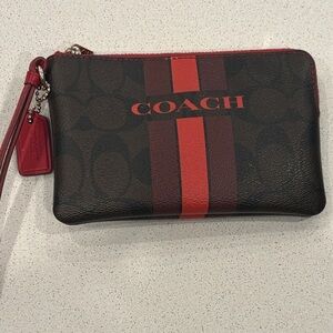 Coach Signature Varsity Stripe Brown and Red Wristlet